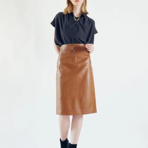 Glossy Brown Vegan Leather Pencil Skirt